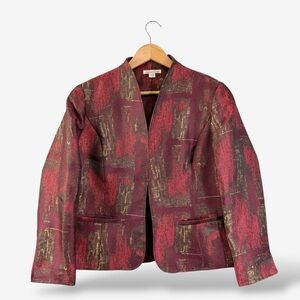 Coldwater Creek Red Jacket Size PM Metallic Gold Jacquard Brocade Office Casual